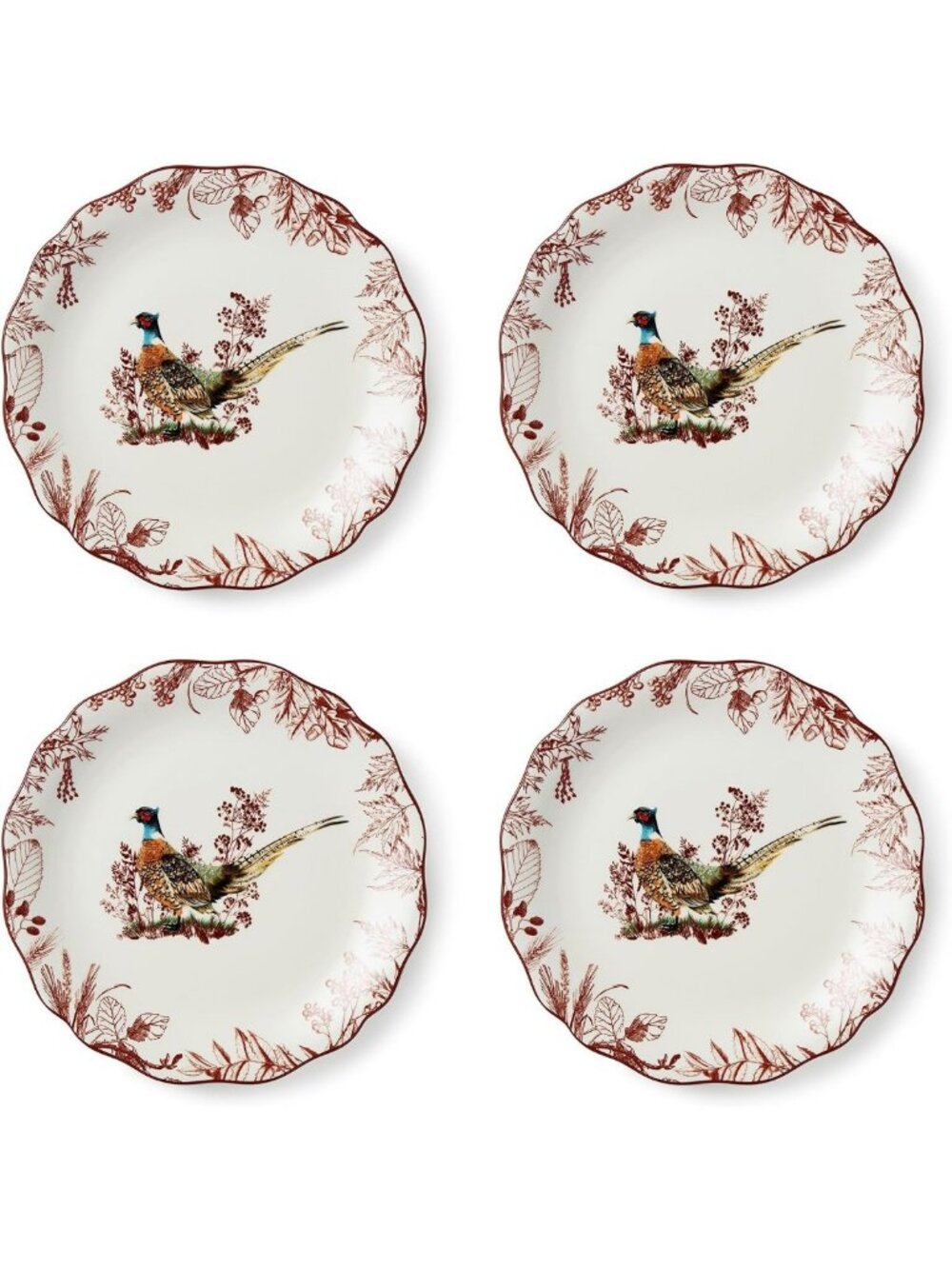 Set of 4 11” Pheasant Grove Dinner Plates - Elegant Tableware for Entertaining